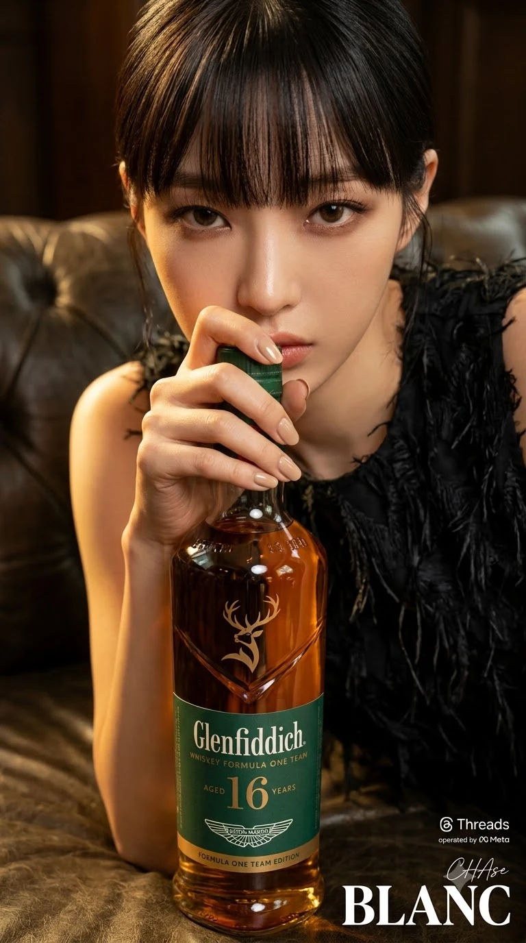 Woman holding Glenfiddich whisky bottle in luxury