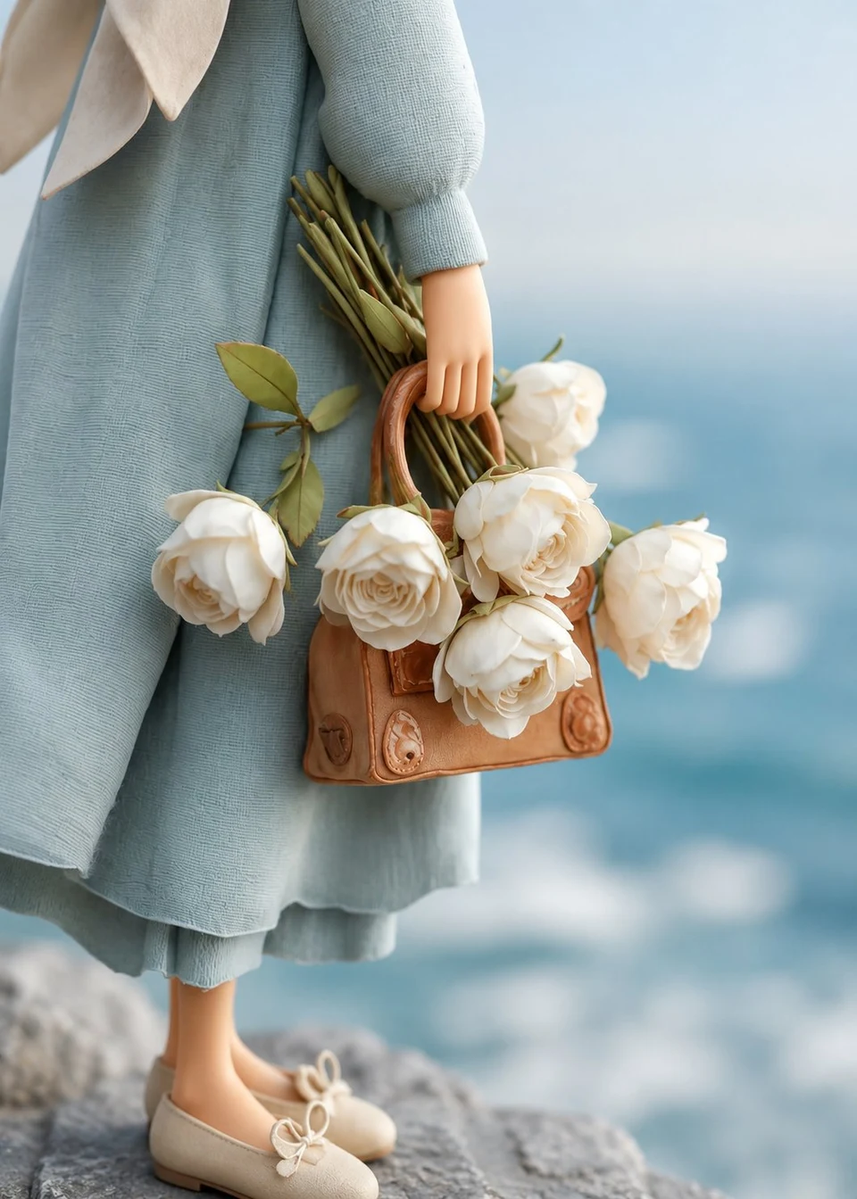 miniature fashion doll with white roses and blue