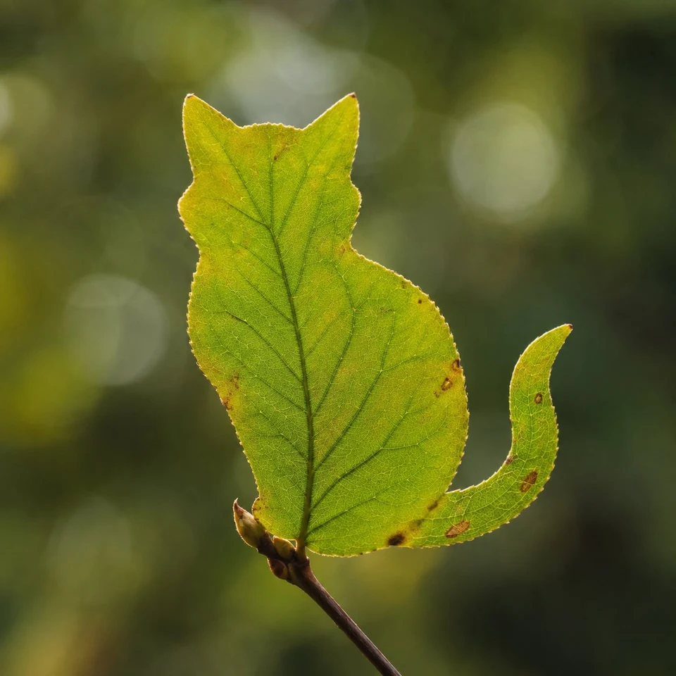 Cat-shaped green leaf on branch