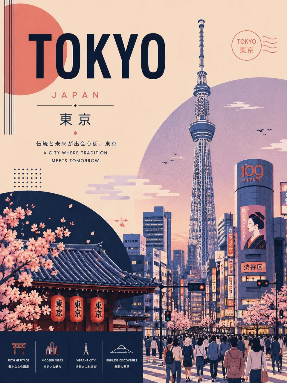 Tokyo Japan travel poster, vintage tourism graphic
