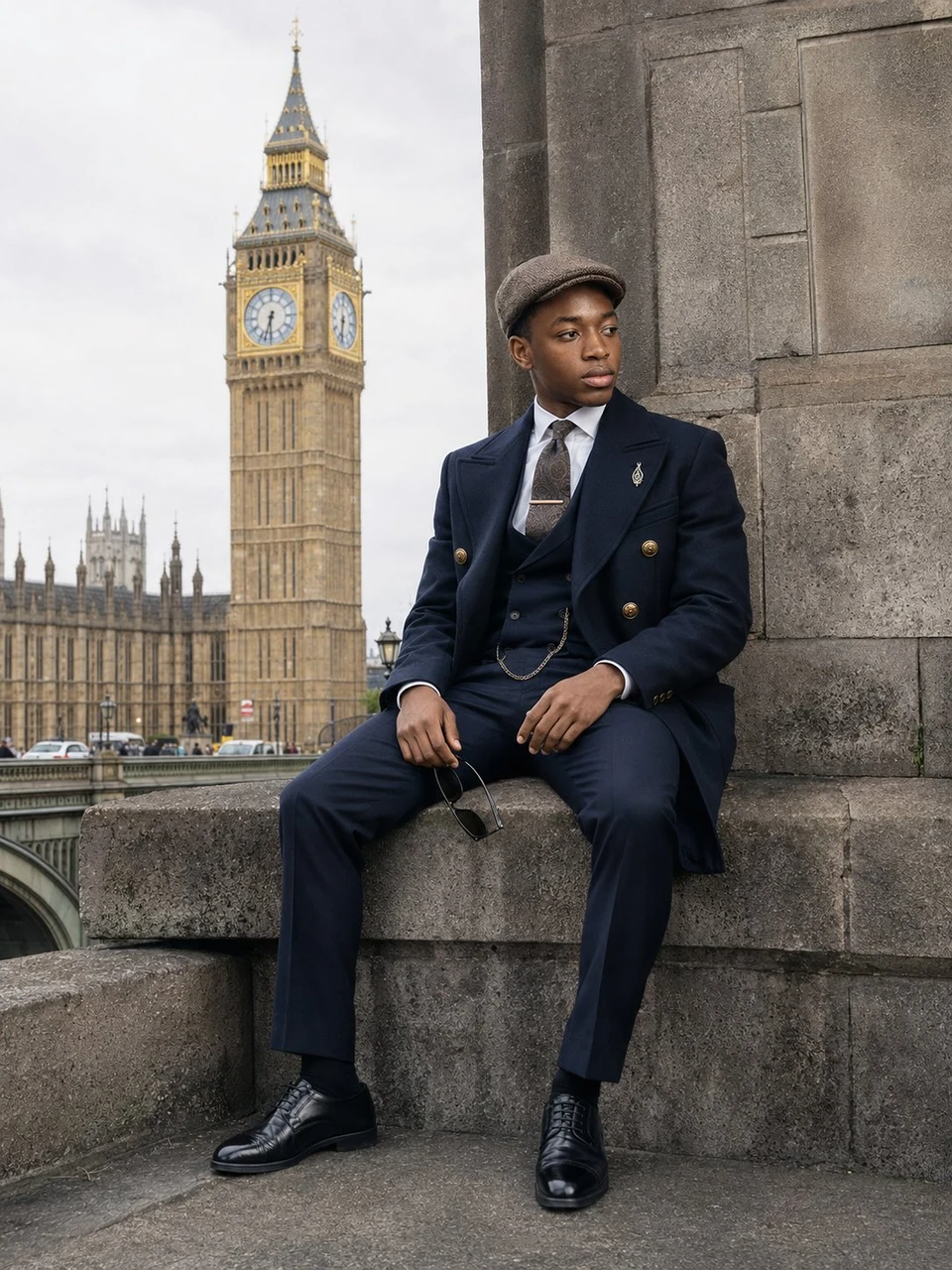 Black gentleman in navy suit with Big Ben London