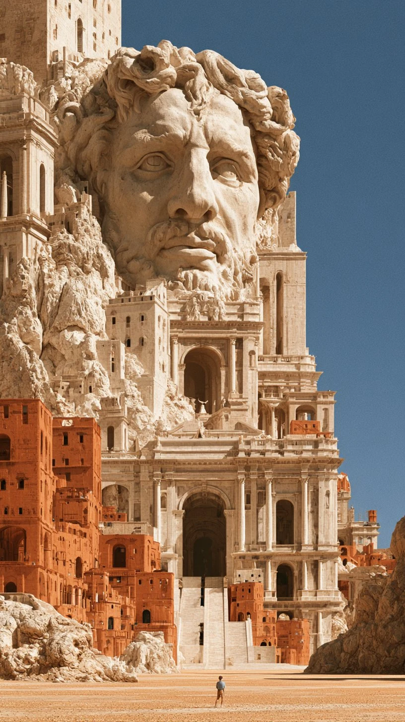 Surreal Colossal Stone Giant Statue in Desert Ruins