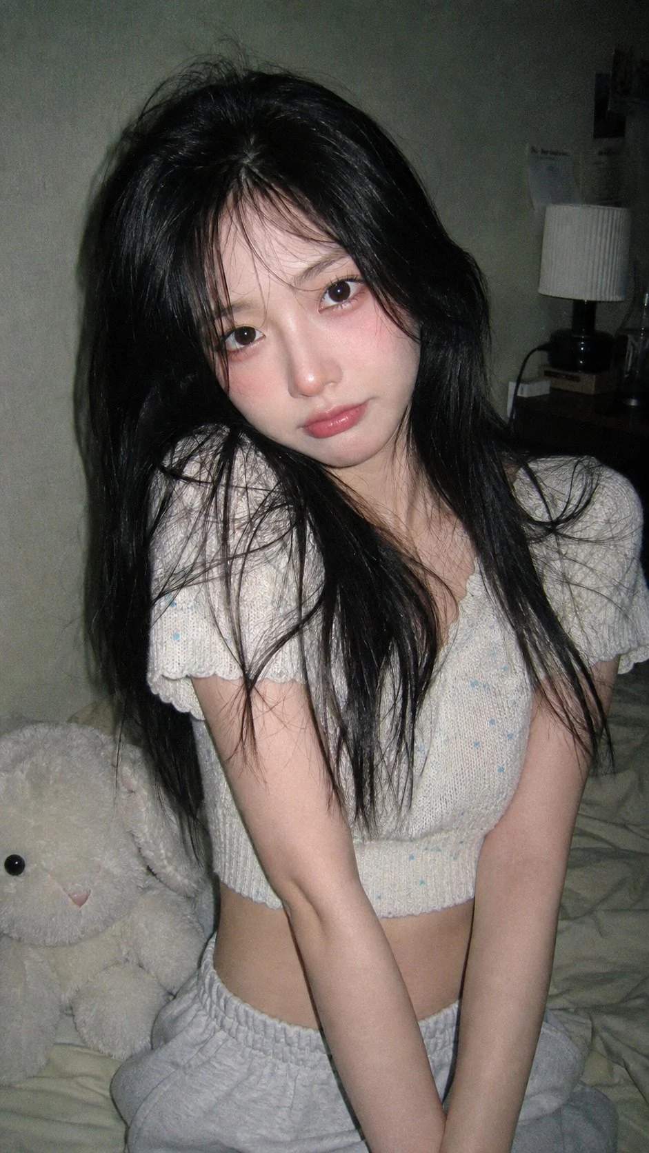 Korean girl bedroom selfie with flash