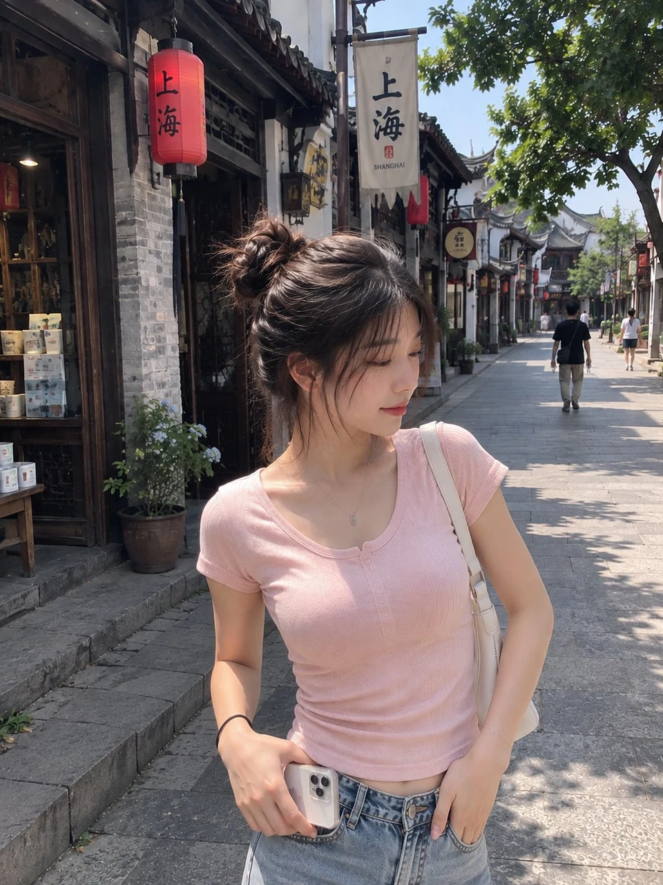 Portrait of a young woman in a pink shirt on a