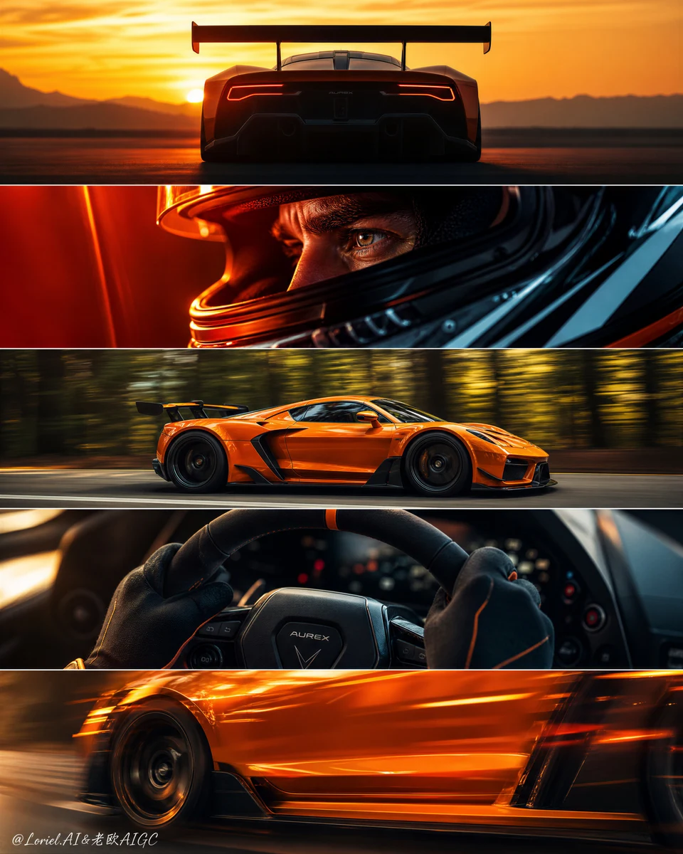 Orange hypercar cinematic poster five panel collage