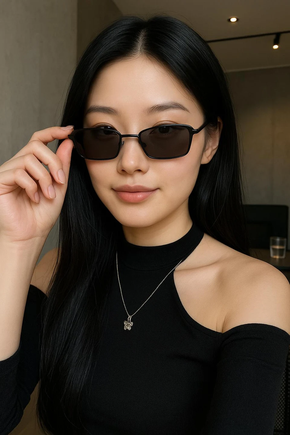 East Asian Woman Holding Sunglasses in Minimalist