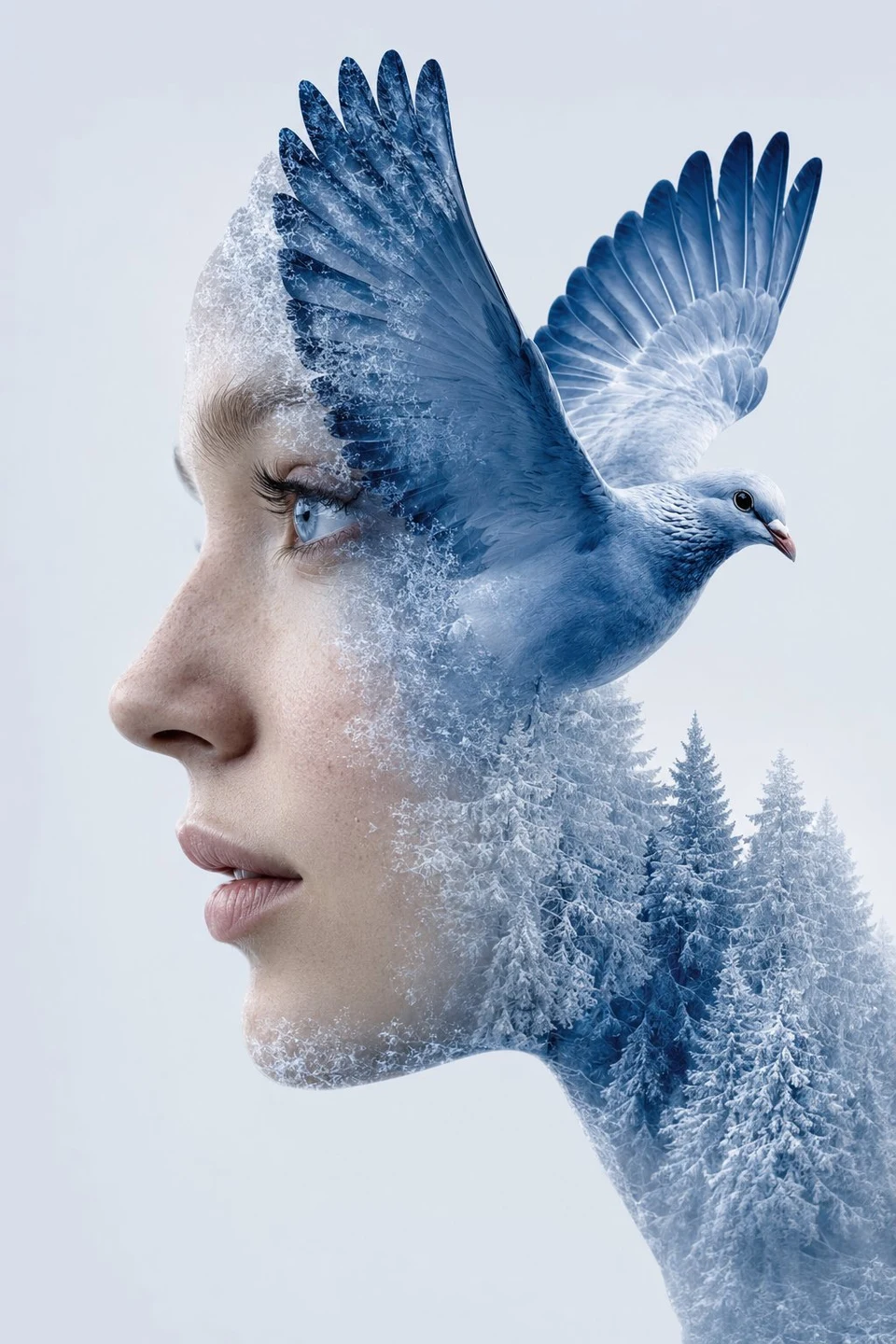 Surreal double exposure portrait with blue bird and