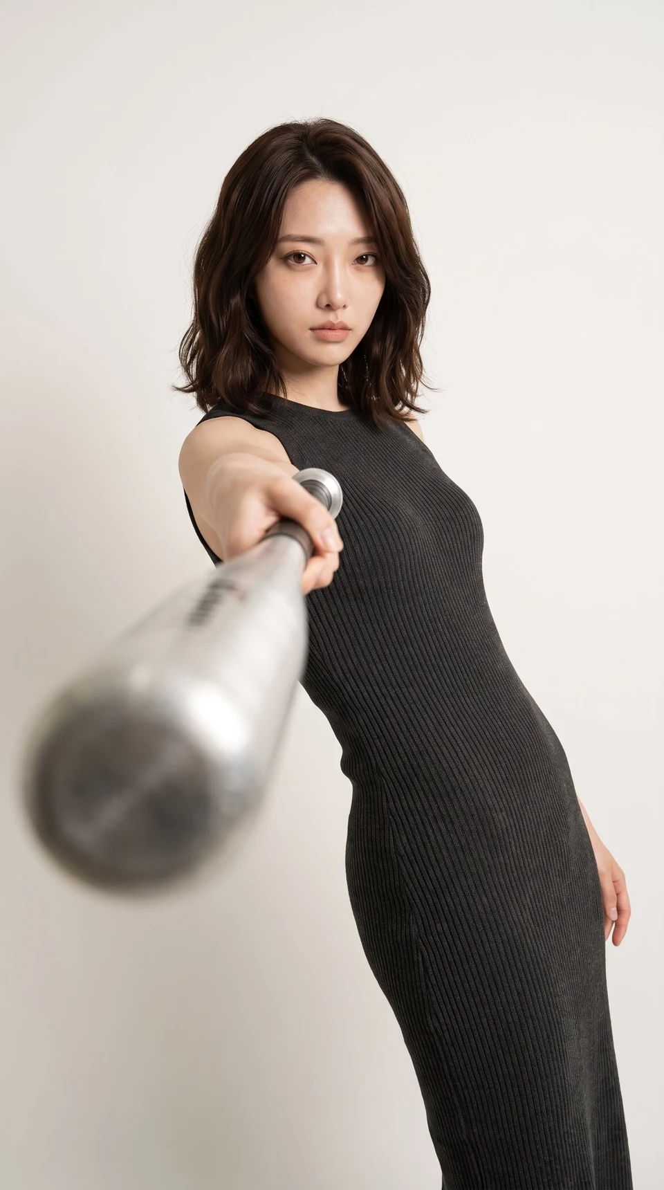 Woman holding baseball bat toward camera
