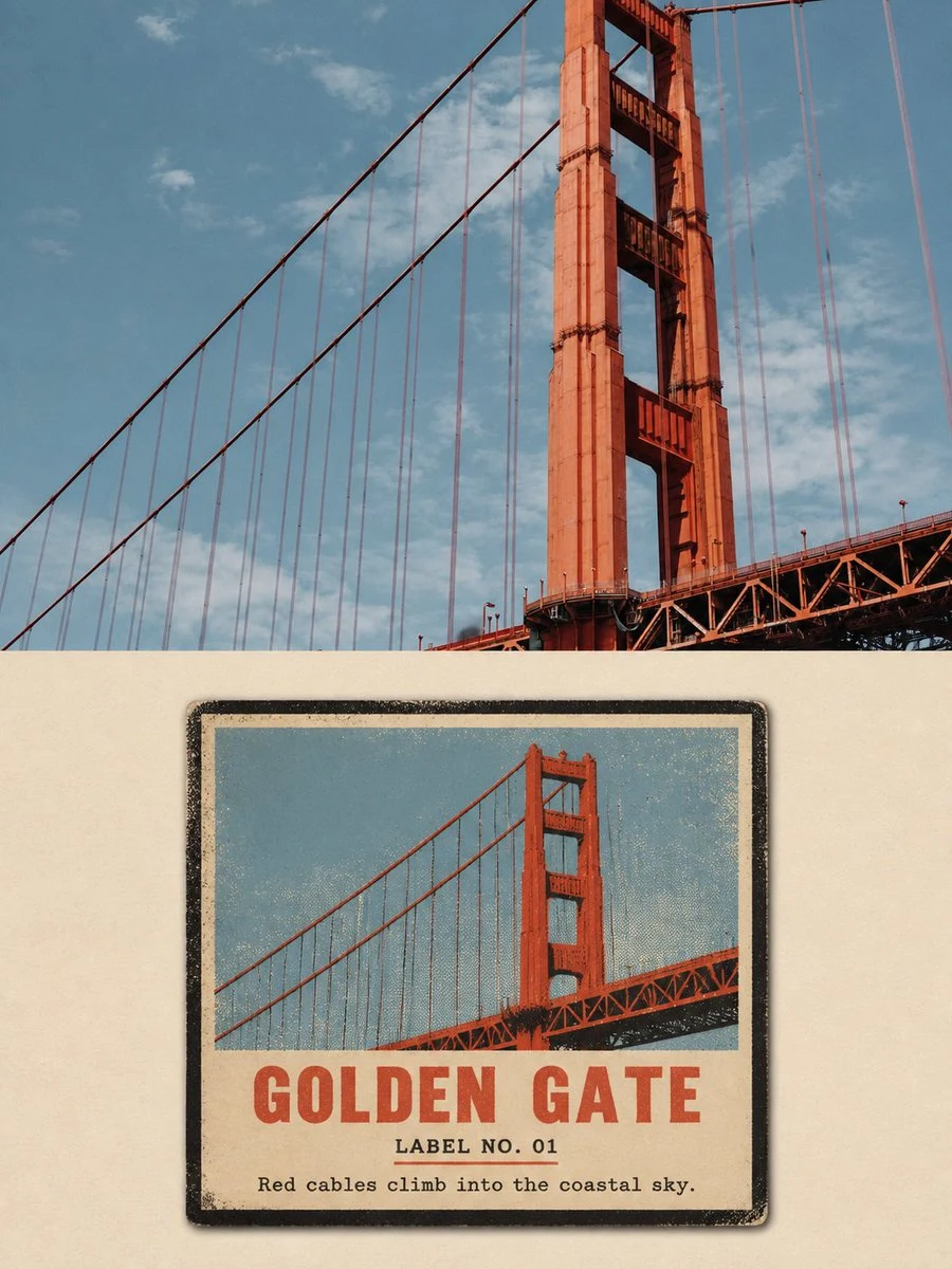 Golden Gate Bridge vintage travel label poster