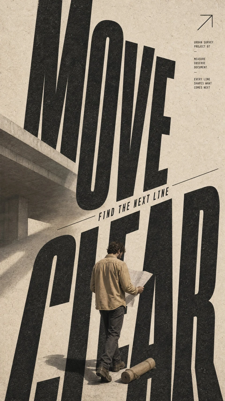 Urban survey man reading plans amid giant typography