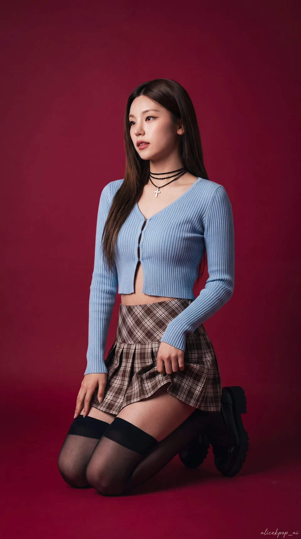 K-pop idol Yeji portrait with plaid skirt and