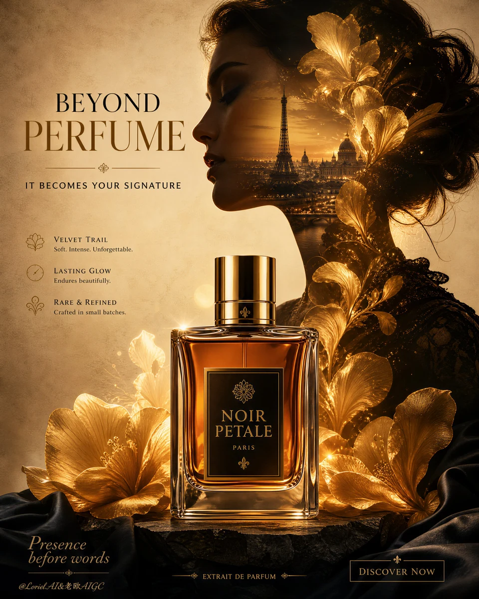 Luxury perfume campaign poster with double exposure