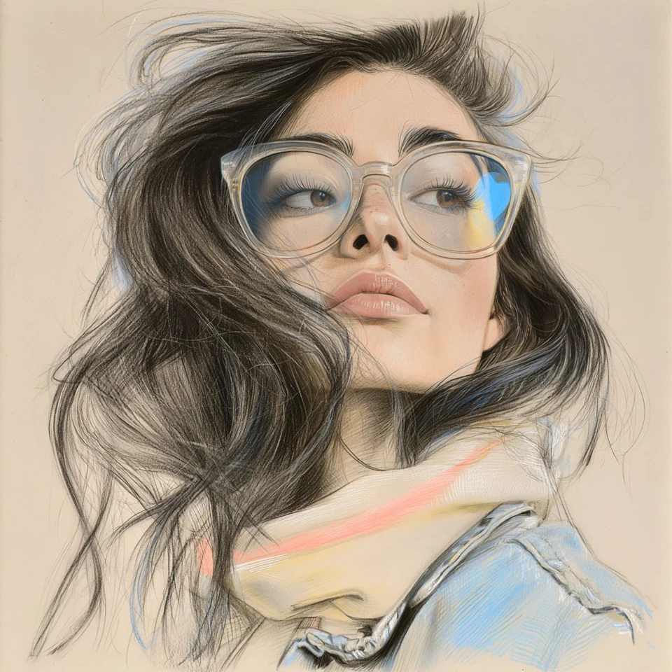 Portrait of a woman with flowing dark hair and clear