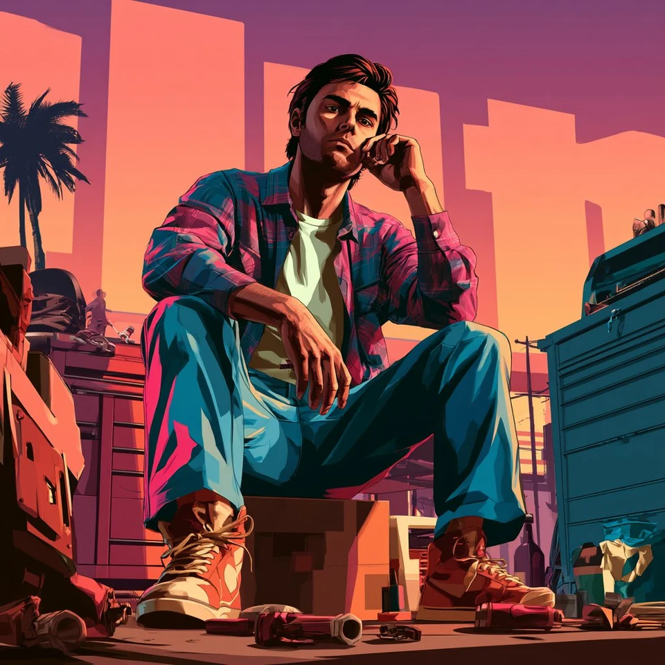 Stylized male mechanic in vintage garage with sunset
