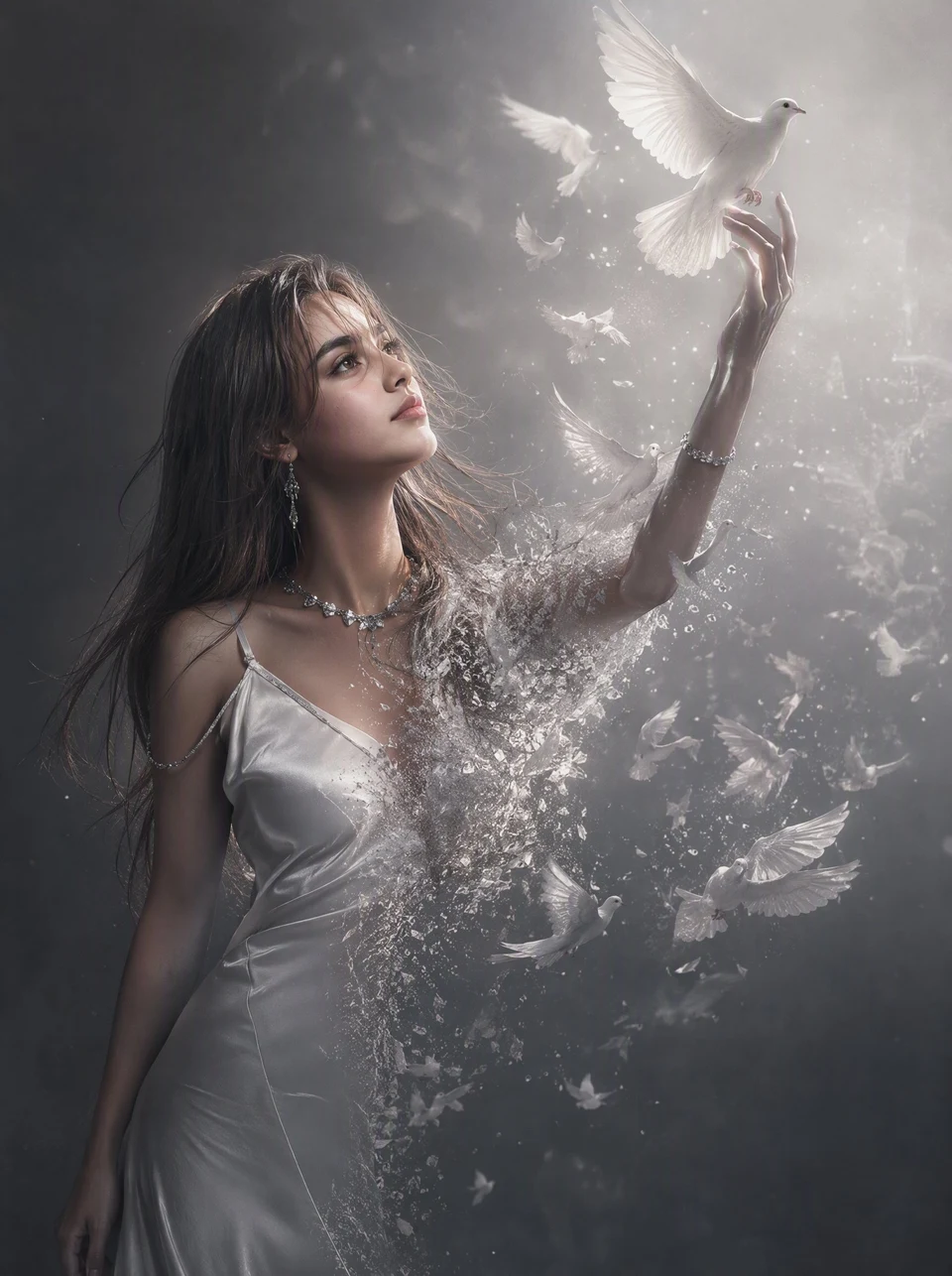 Ethereal Woman Transforming Into Flock of White