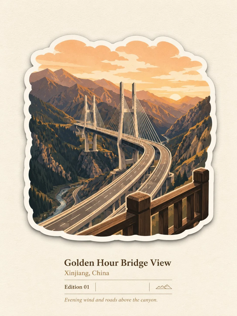 Golden Hour Bridge View Xinjiang China Die Cut