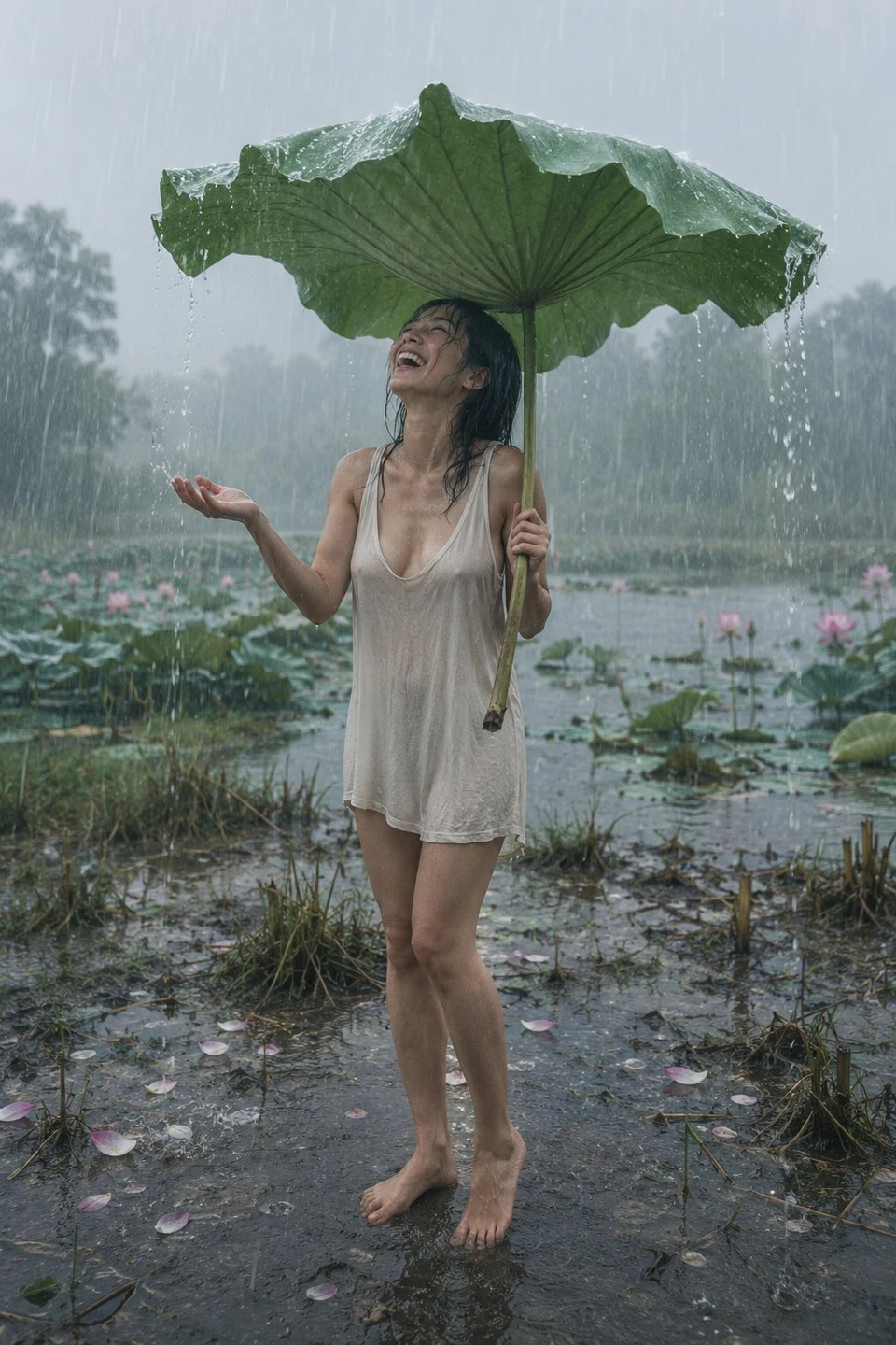 Joyful Woman Laughing Under Lotus Leaf Umbrella in
