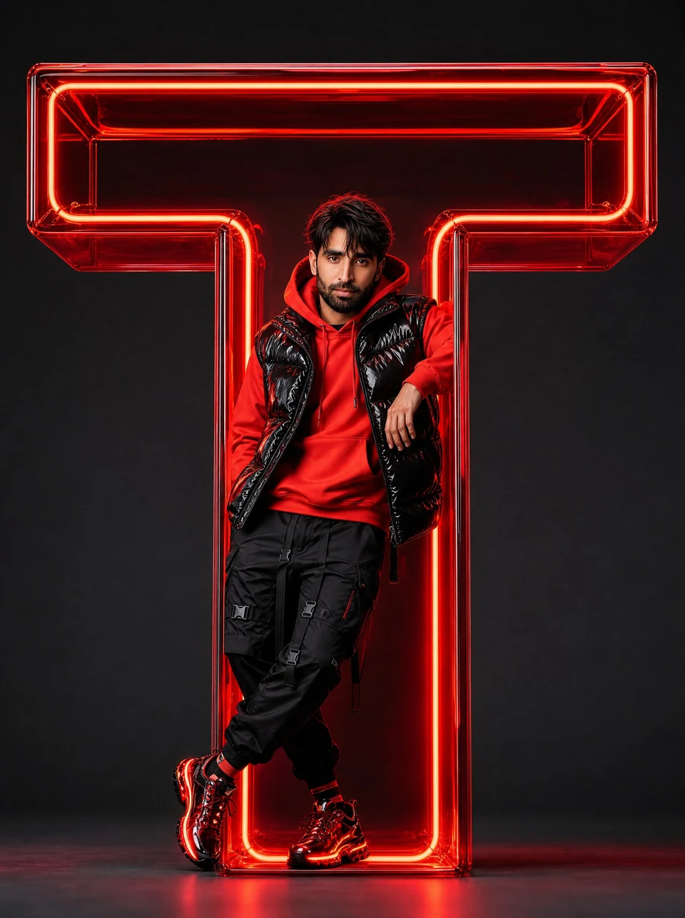 male model in red hoodie and black vest leaning on