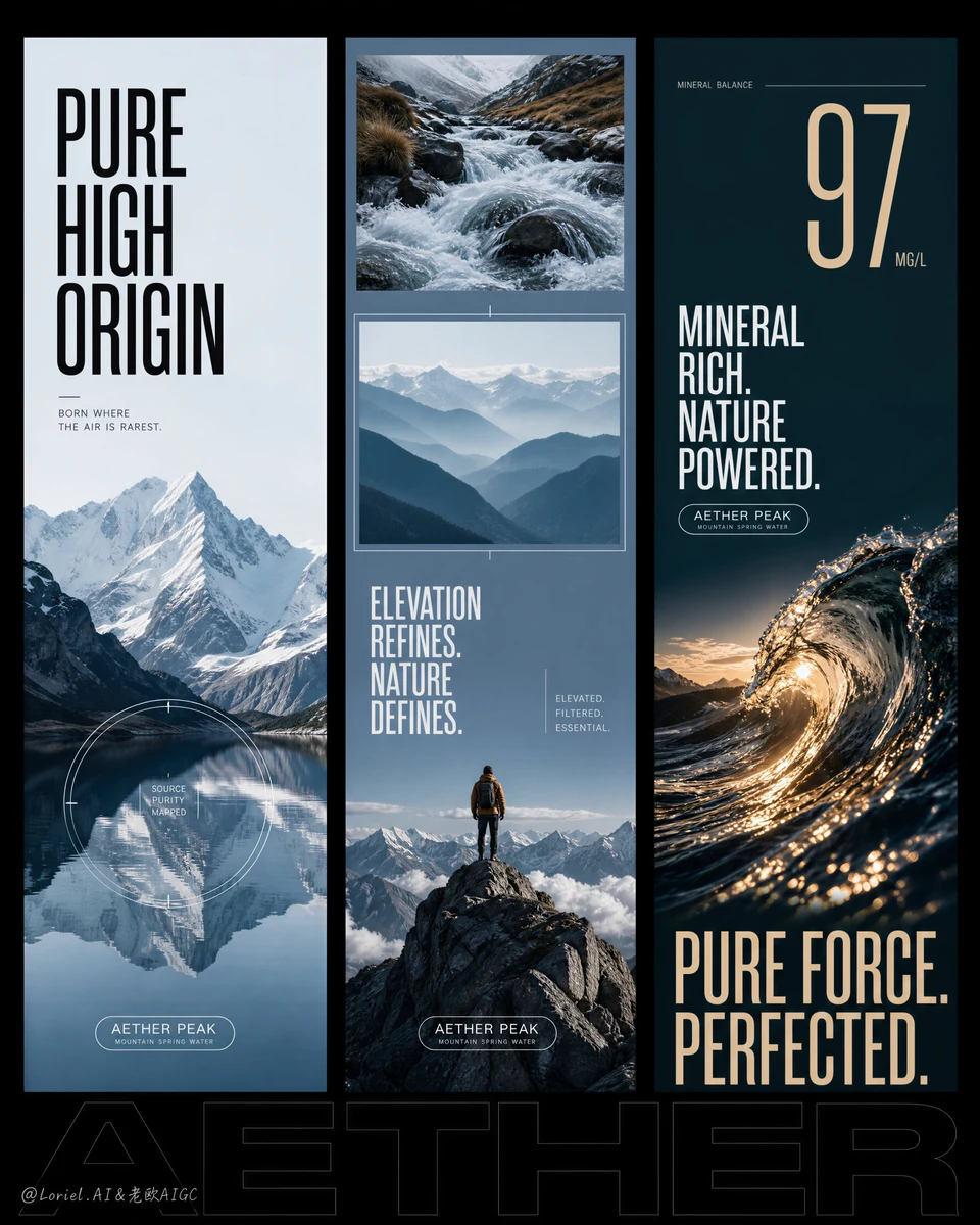 Premium mountain spring water brand poster Aether