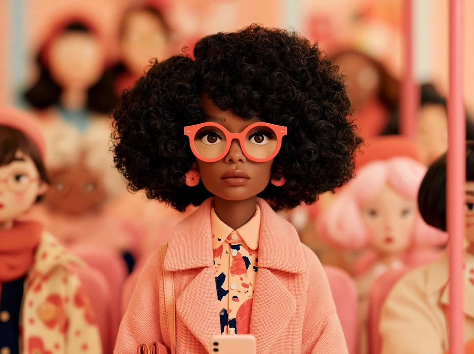 Stylized woman with afro and coral glasses on public
