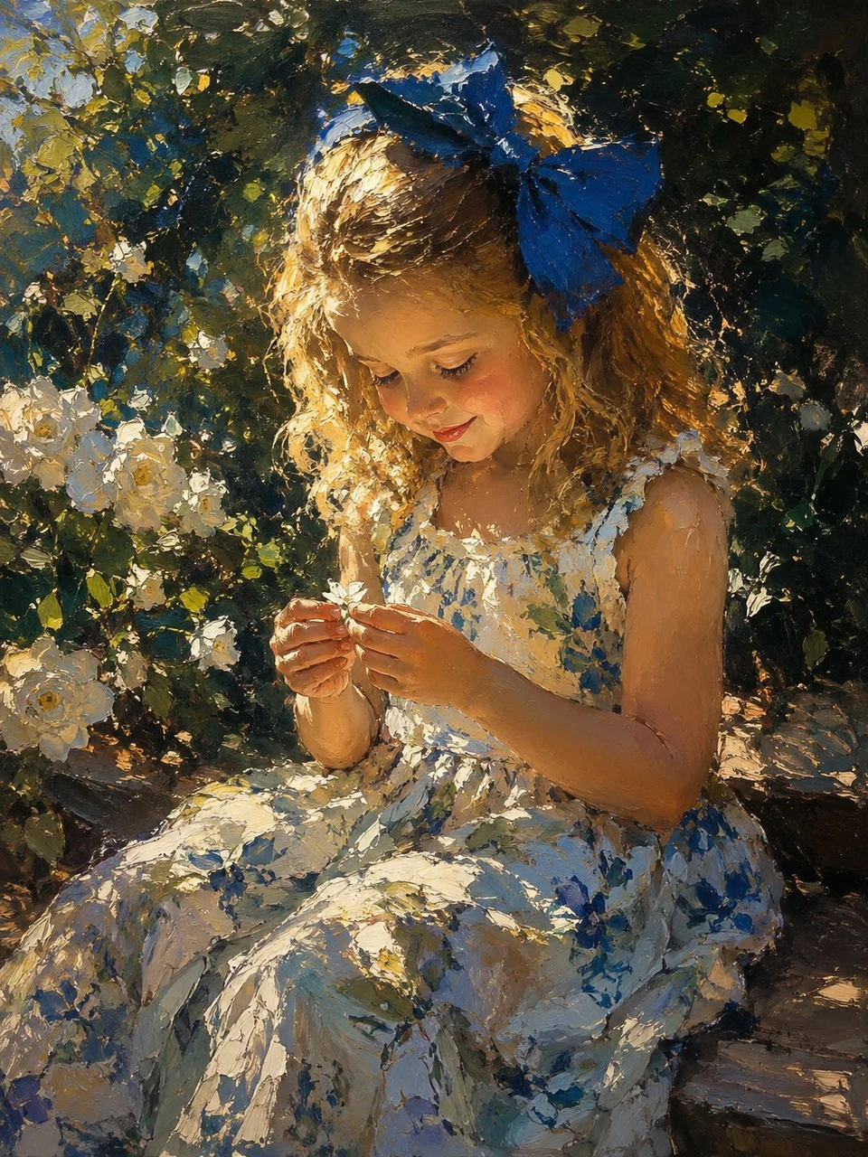 Impressionist oil portrait of a blonde girl in a