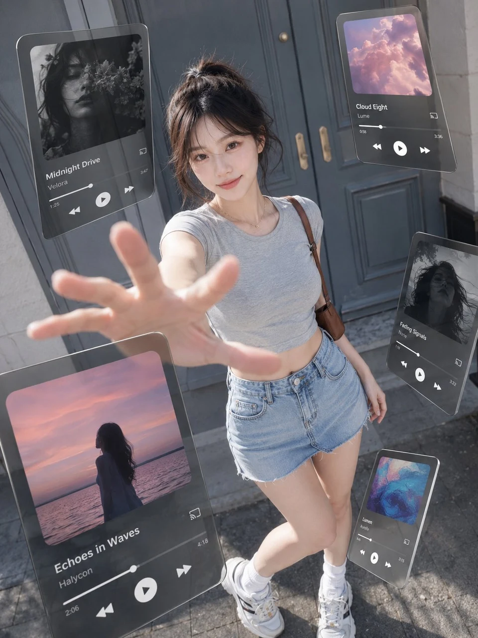 Street fashion portrait with floating glass music