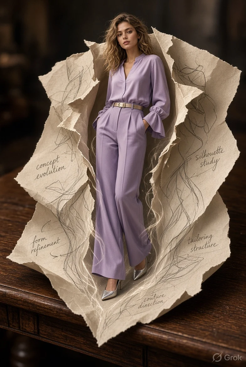 Fashion model emerging from torn sketch on wooden