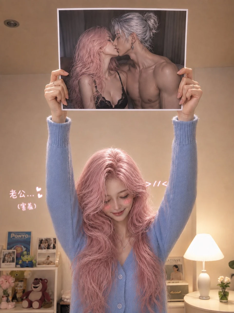Woman holding photo of couple in cozy bedroom