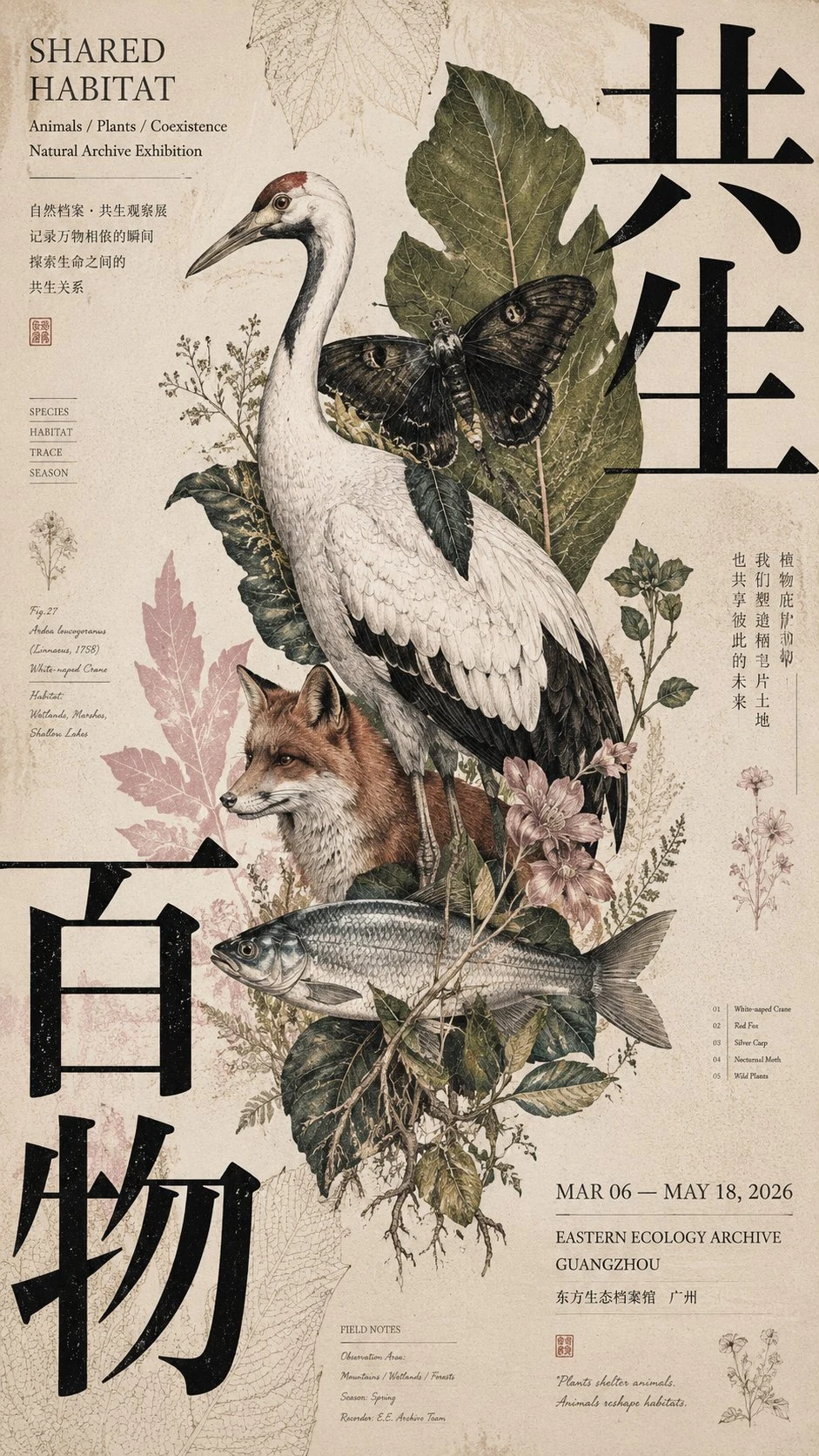 Cultural exhibition poster with birds and foxes in
