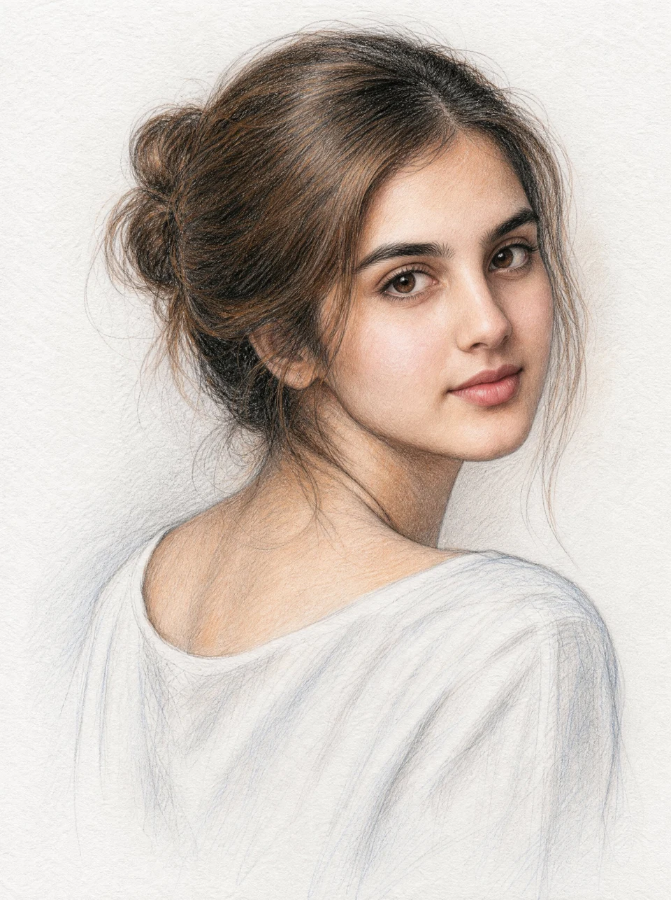 Colored pencil portrait of young woman looking over