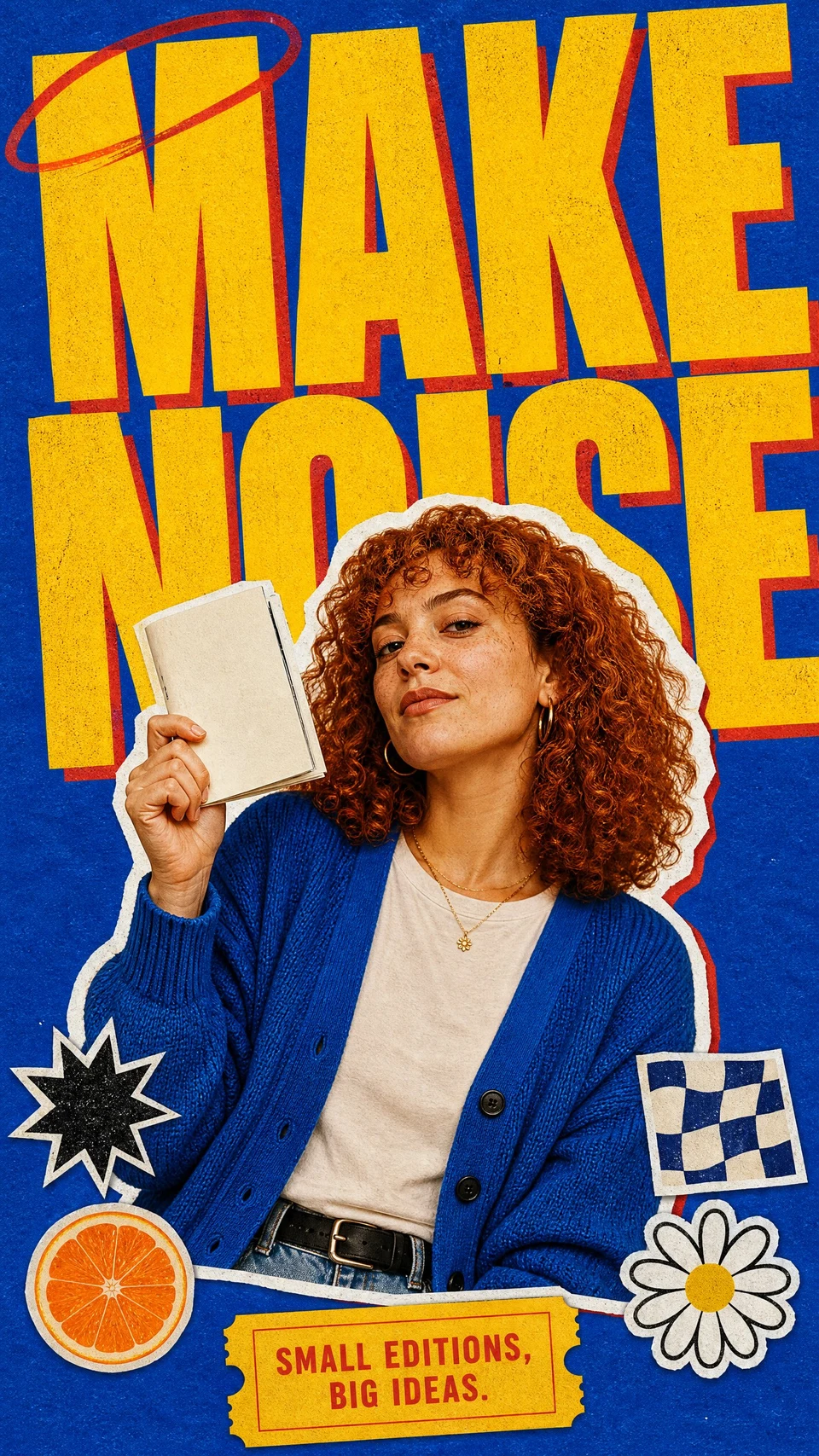 Woman holding zine on cobalt blue poster with