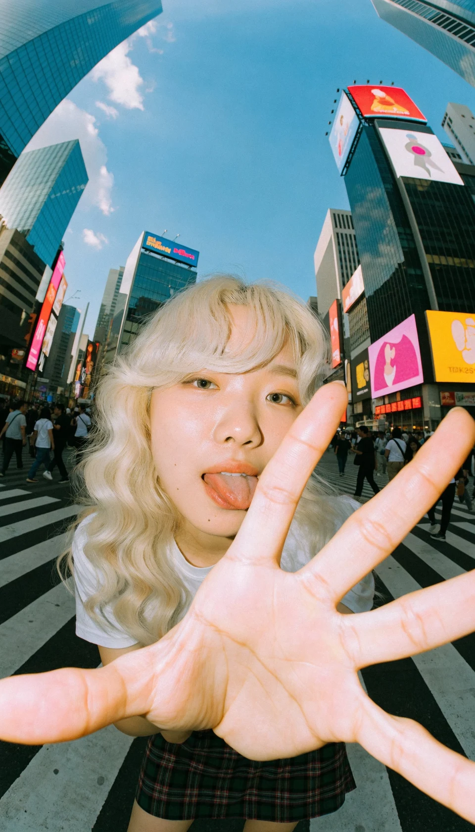 Young East Asian Woman Hand Reaching Lens at Shibuya