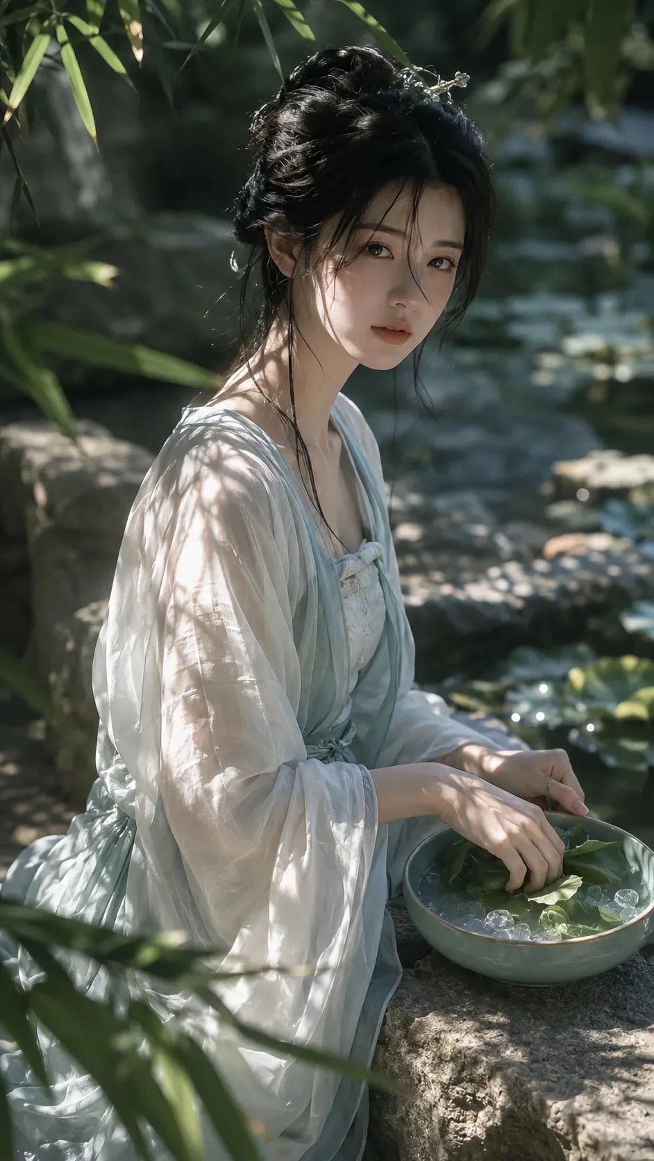 Young East Asian Woman in Hanfu by Bamboo Stream