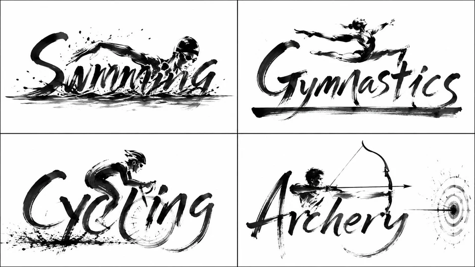 black ink brush calligraphy Olympics sports art