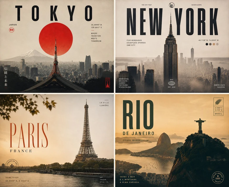 vintage four-panel travel poster collage of world