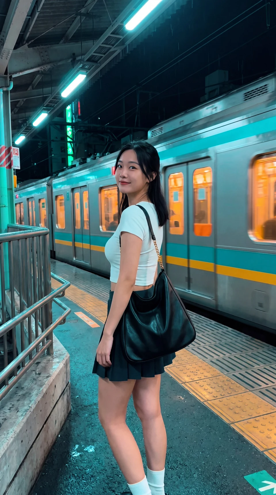 Night portrait of a young woman on a train platform
