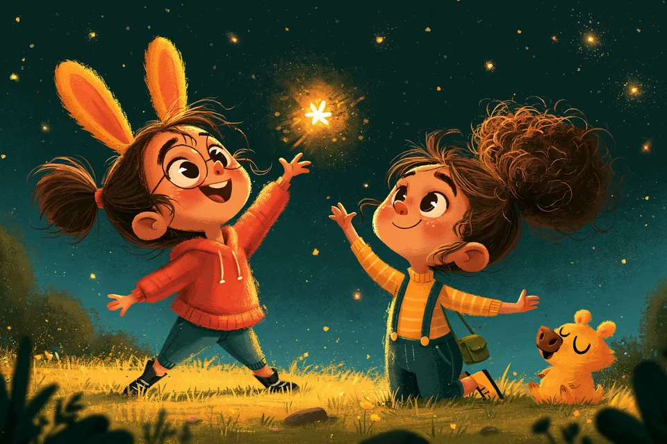 Magical Night Illustration of Two Girls Catching
