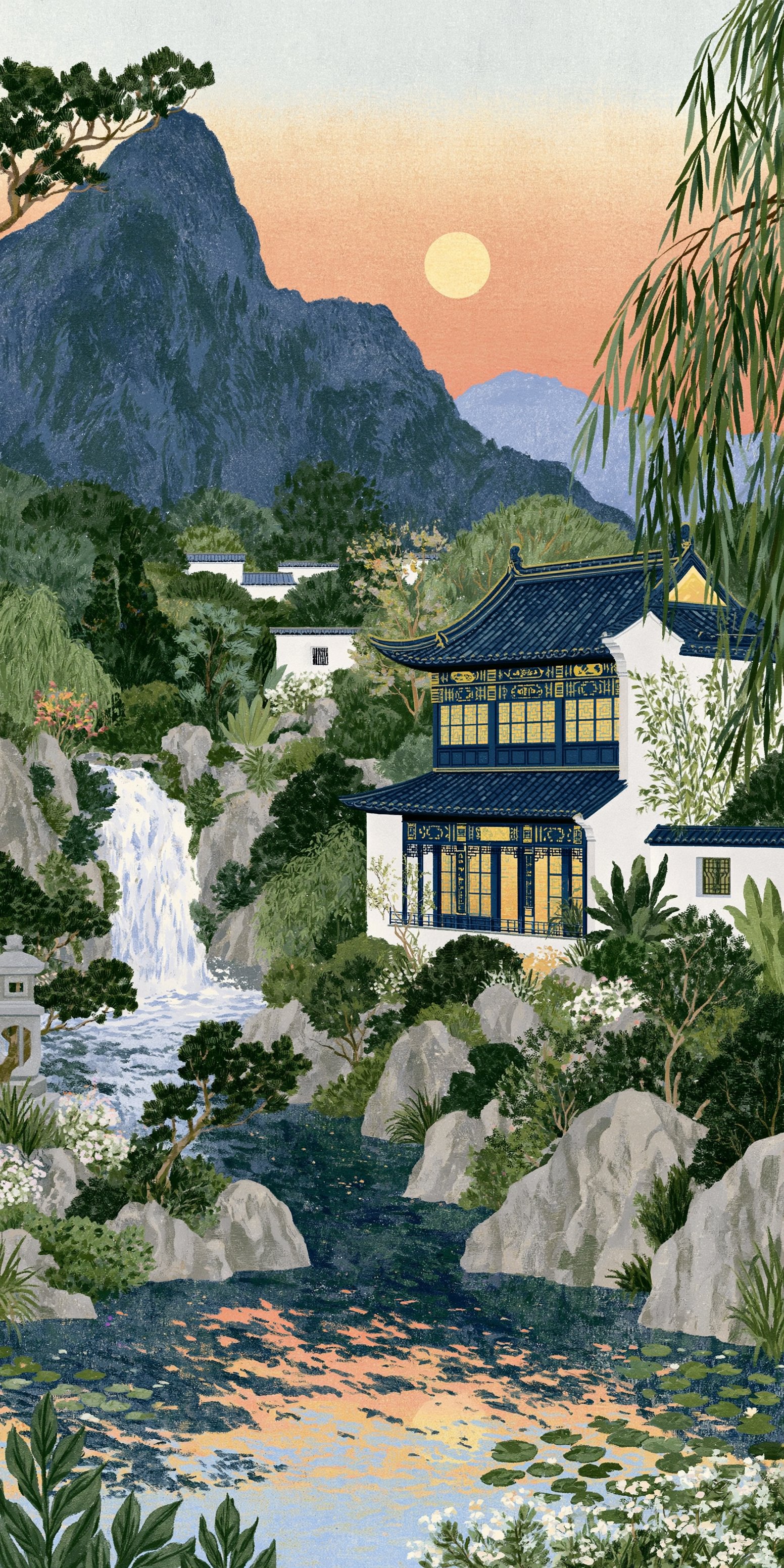 Chinese pavilion by waterfall at sunset