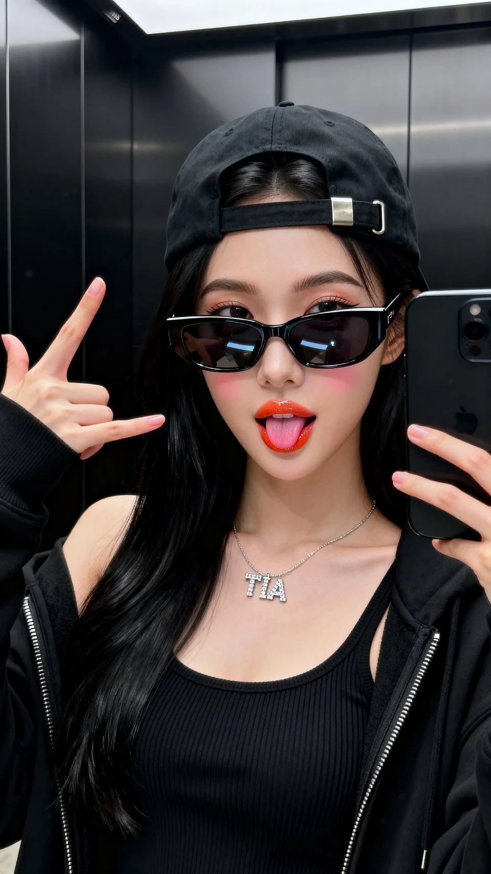 Fashion portrait of young woman in sunglasses taking