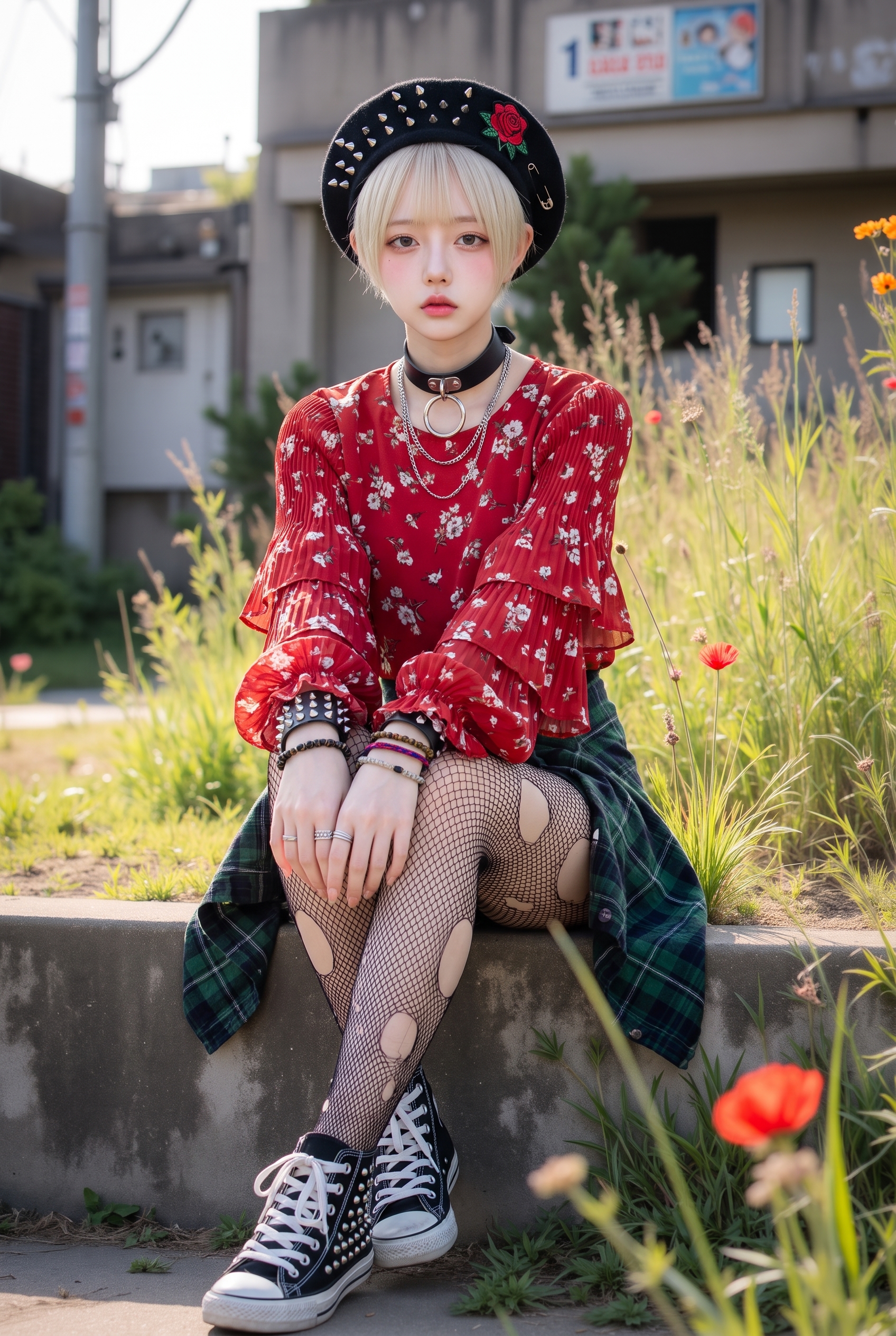 Gothic punk aesthetic fashion portrait with floral