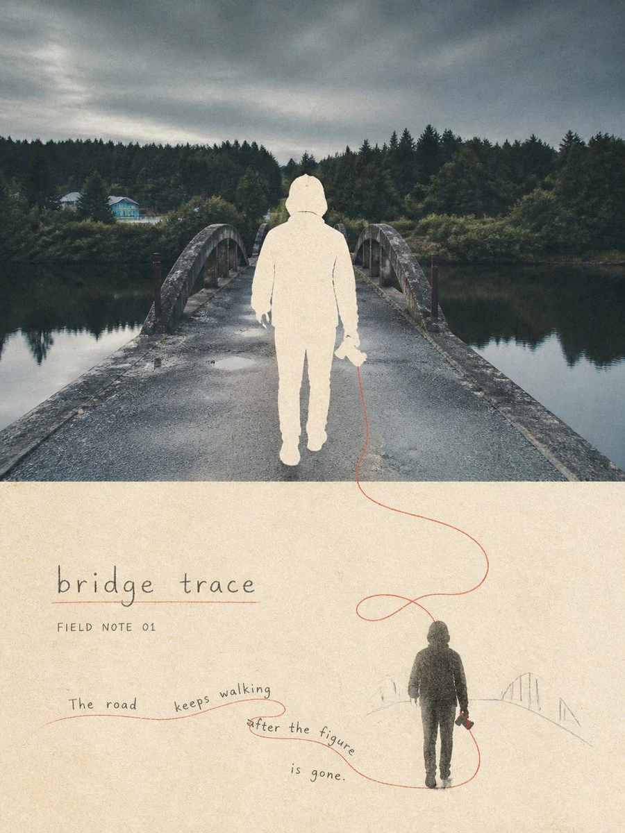 hand-drawn editorial travel poster bridge trace