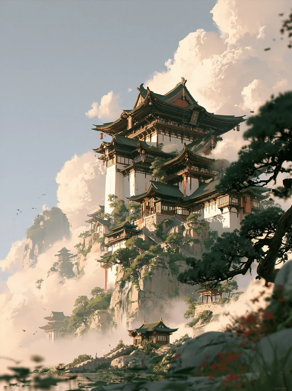 Ancient East Asian Mountain Temple Amid Clouds
