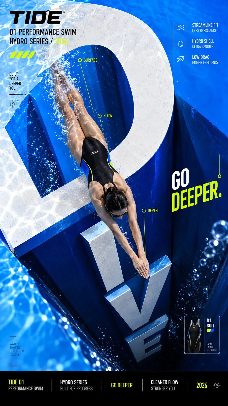 Editorial campaign poster featuring a swimmer diving