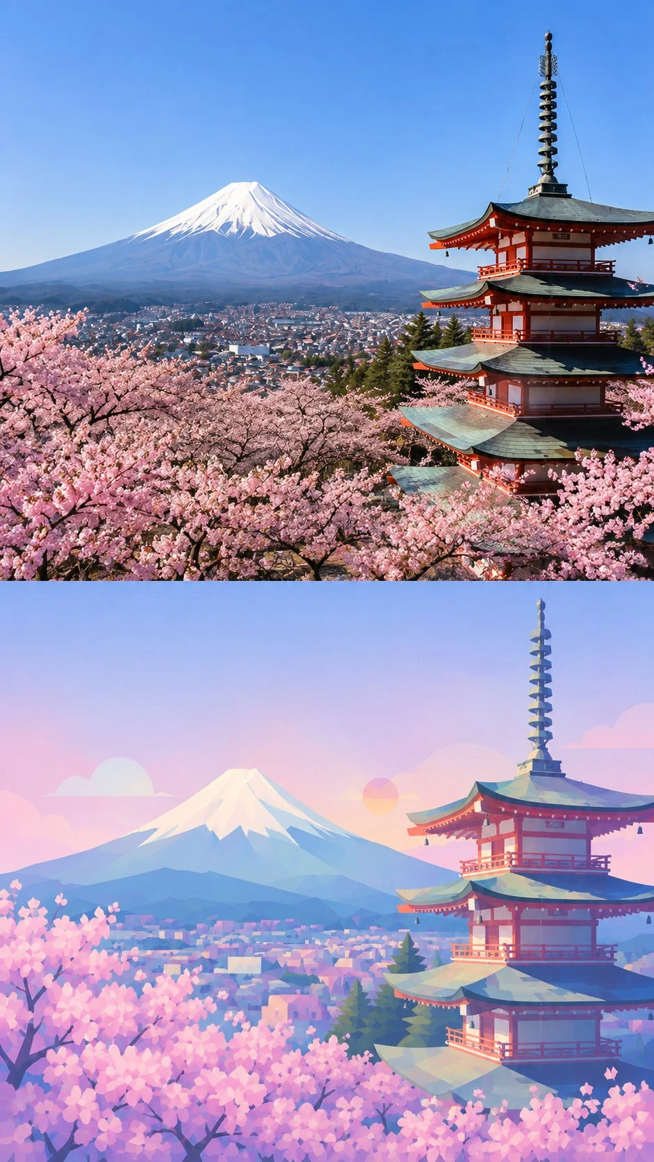 Fuji Mountain and pagoda cherry blossom comparison