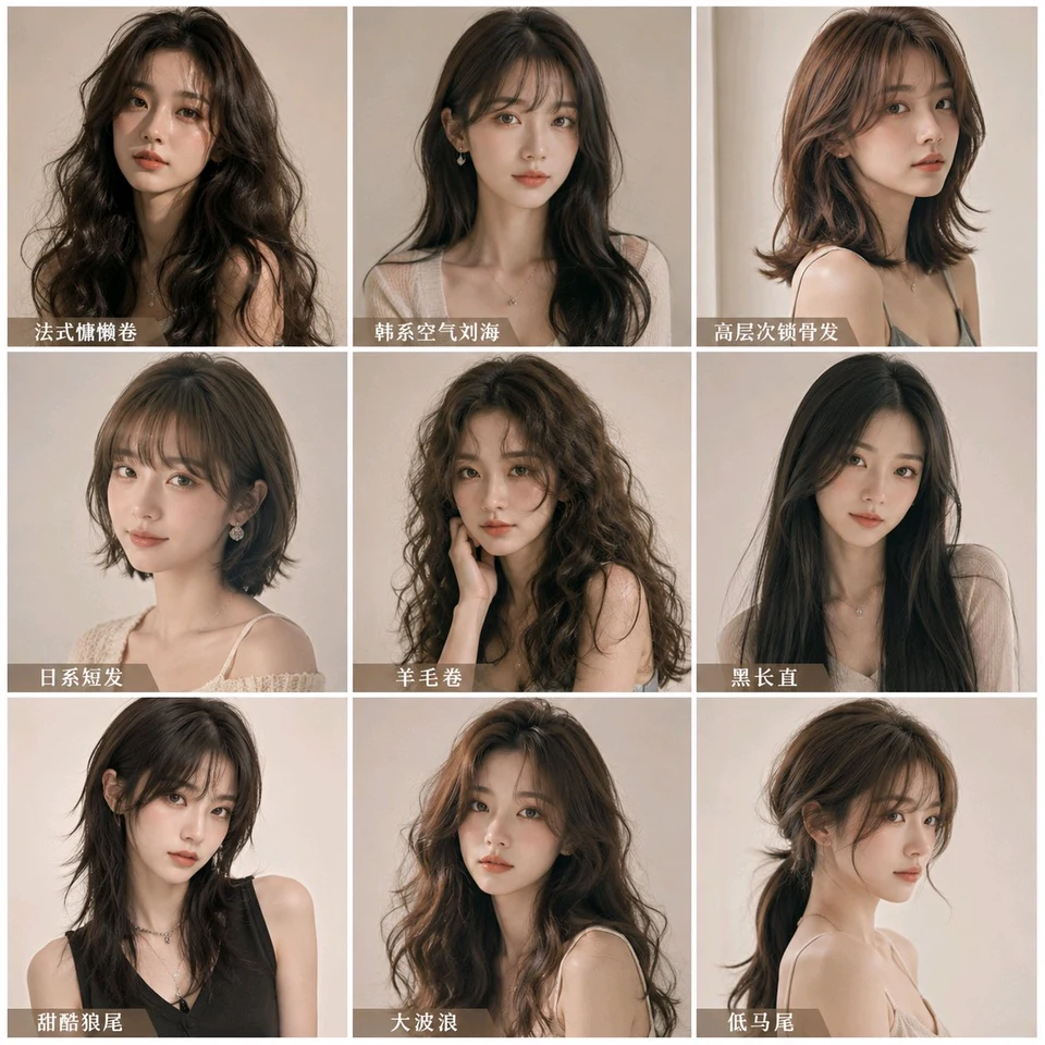 Nine trendy women hairstyle collage ingrid grid