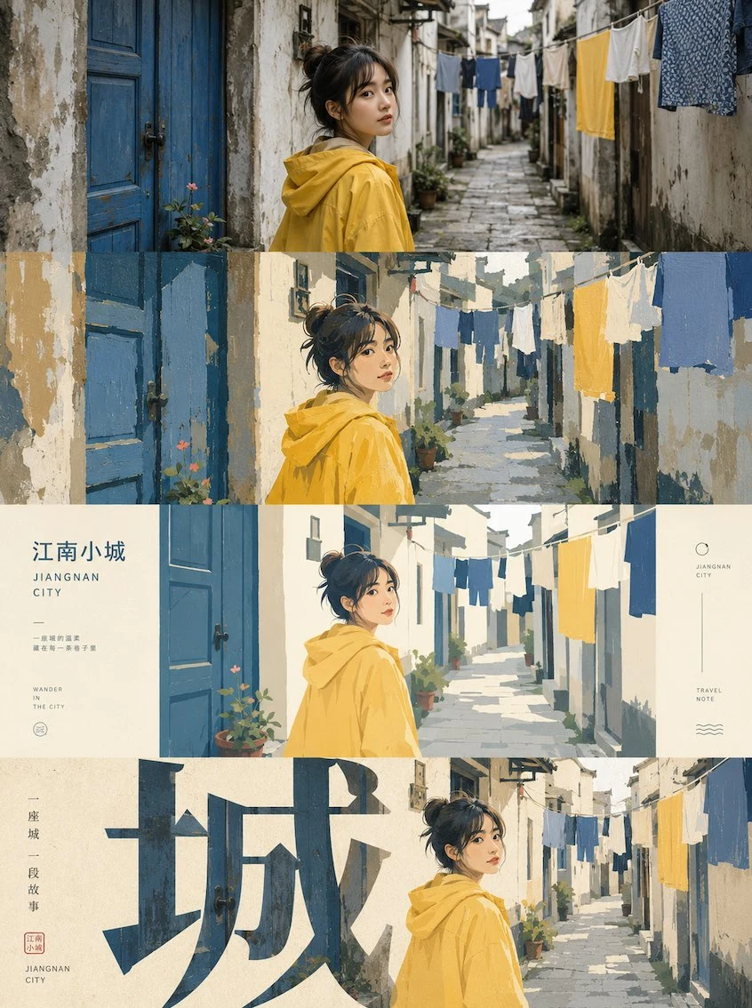 Jiangnan woman in yellow hoodie on narrow alley with