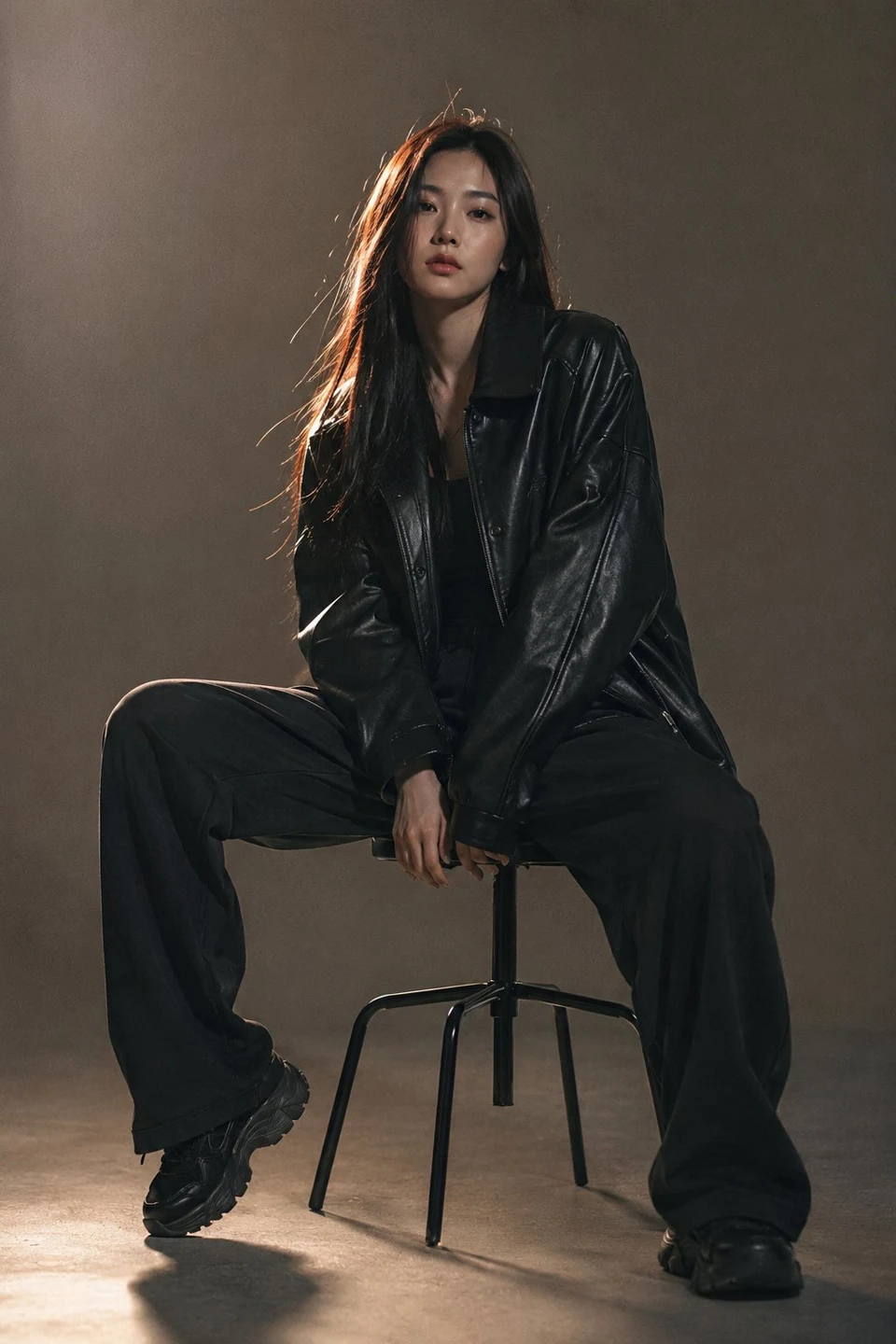East Asian woman in black leather jacket and baggy