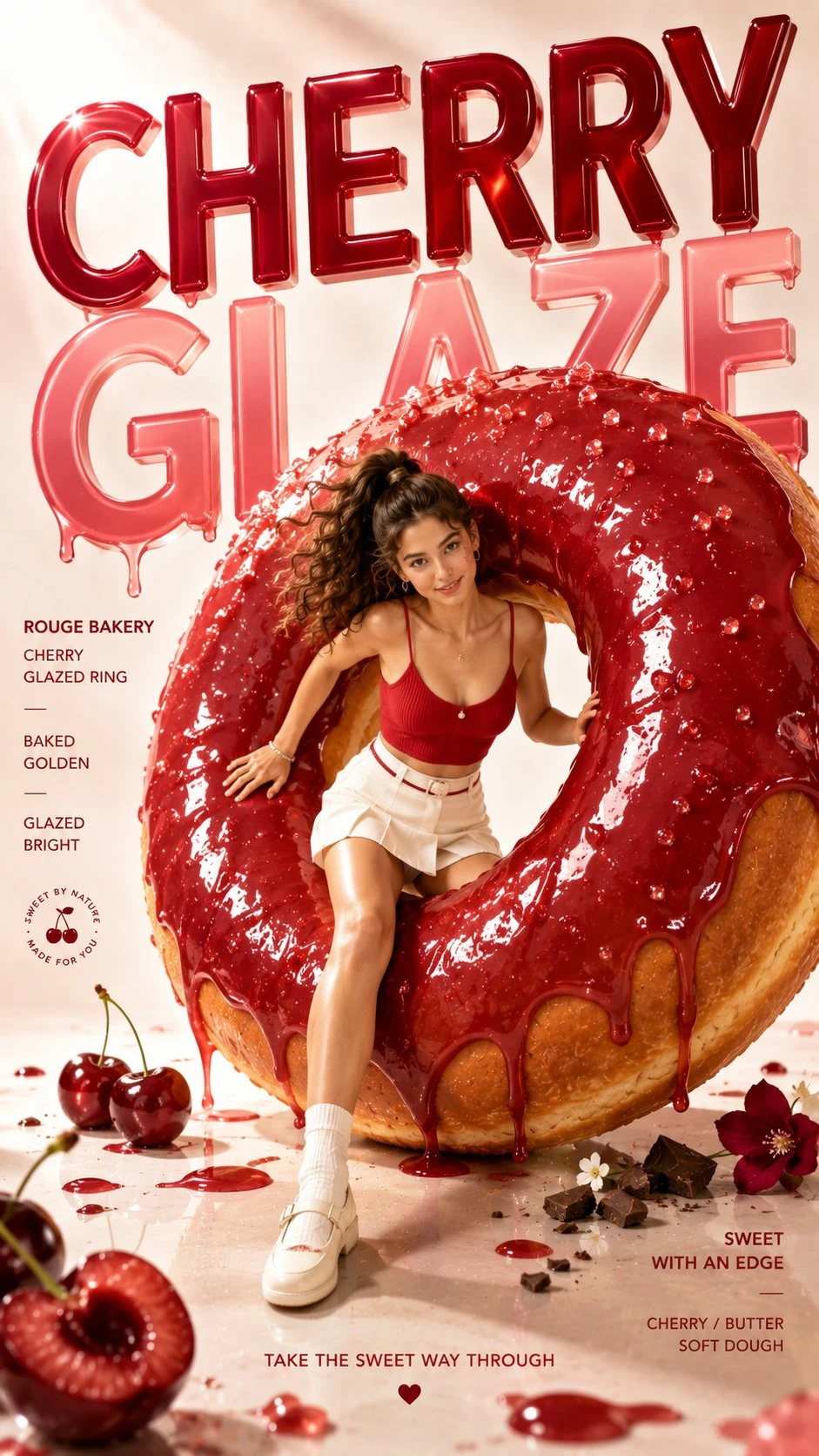 cherry glazed donut fashion campaign with young