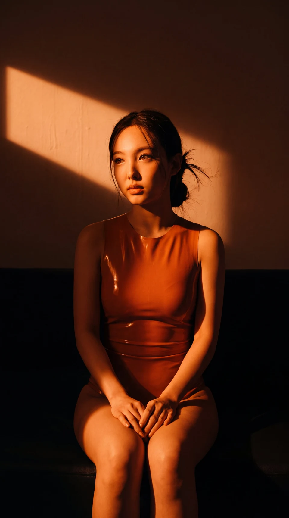 Woman in orange latex dress cinematic chiaroscuro