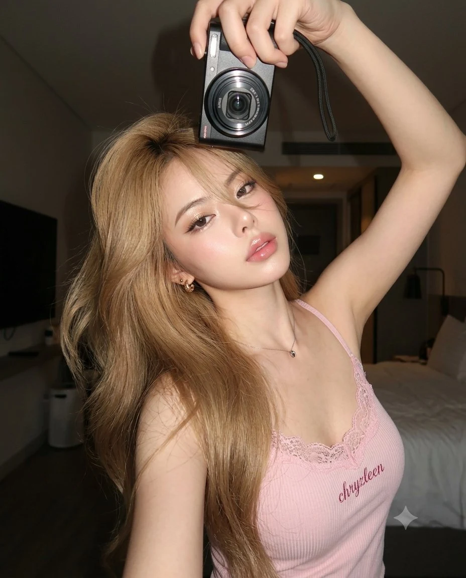 flash selfie with compact camera blonde woman